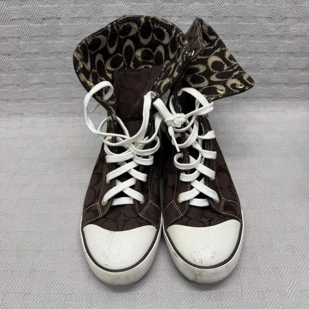 Coach Bonney Shoes Womens Size 9 Brown Canvas High Top Sneakers Coach Signature
